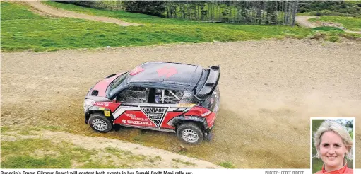  ?? PHOTOS: GEOFF RIDDER ?? Dunedin’s Emma Gilmour (inset) will contest both events in her Suzuki Swift Maxi rally car.