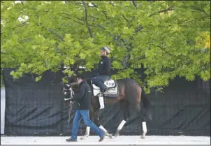  ?? The Associated Press ?? TAKING A STROLL: Kentucky Derby winner Always Dreaming, ridden by exercise rider Nick Bush, walks at Pimlico Race Course in Baltimore Monday. The Preakness Stakes horse race is scheduled to take place May 20.