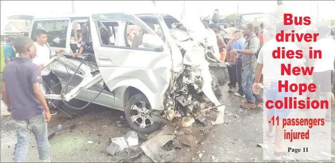  ??  ?? Driver Oswald Roberts’ wrecked bus after the accident that claimed his life yesterday.