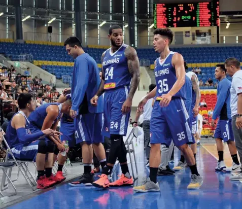  ?? SPORTS5 PHOTO ?? Import Mike Myers and Matthew Wright led Gilas Pilipinas’ charge in the fourth quarter to subdue the Japan national squad, 100-85, in the 39th William Jones Cup yesterday in Taiwan. Gilas now moves up in the standing with a 3-1 record.