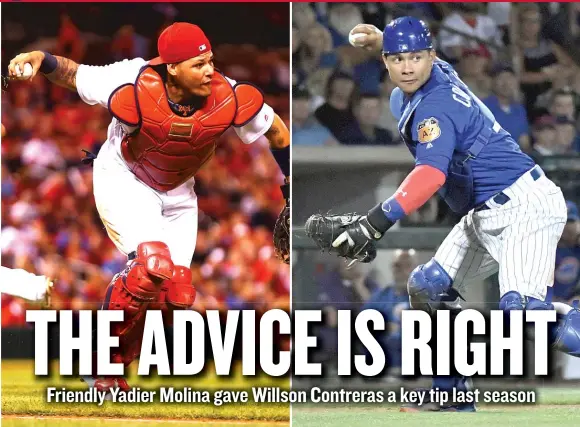  ?? | DILIP VISHWANAT/ GETTY IMAGES ( LEFT), JOHN SLEEZER/ AP ?? Cardinals catcher Yadier Molina ( left) had plenty of kind words for Cubs catcher Willson Contreras, who idolizes Molina.