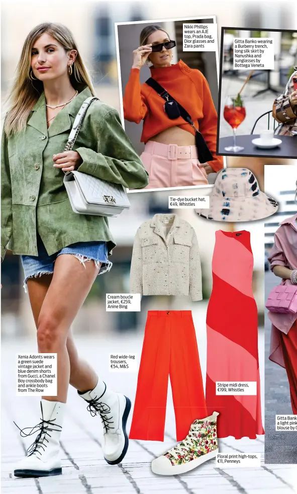  ??  ?? Xenia Adonts wears a green suede vintage jacket and blue denim shorts from Gucci, a Chanel Boy crossbody bag and ankle boots from The Row
Cream boucle jacket, €259, Anine Bing
Red wide-leg trousers, €54, M&S
Nikki Phillips wears an AJE top, Prada bag, Dior glasses and Zara pants