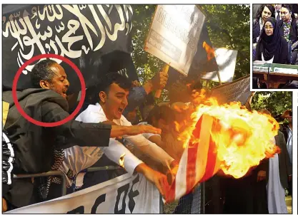  ??  ?? Hate rally: Abase Hussen, circled, joins in burning the American flag outside the US Embassy in 2012