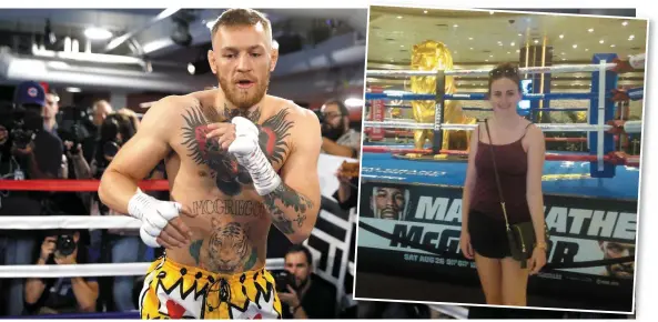  ??  ?? Eimear Rabbitt at a mock-up of the ring in the lobby of the MGM hotel in Las Vegas, where Conor McGregor, left, will fight Floyd Mayweather on Saturday night