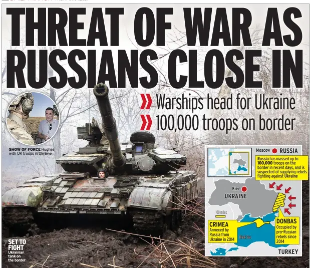  ??  ?? SHOW OF FORCE Hughes with UK troops in Ukraine
SET TO FIGHT Ukrainian tank on the border