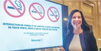  ?? RYAN REMIORZ/THE CANADIAN PRESS FILES ?? Montreal Mayor Valérie Plante spelled out the city’s rules for cannab is use earlier this week. Montreal has opted not to pass its own b ylaw, instead sticking with provincial rules that allow marijuana use in parks and streets.