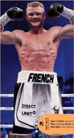  ?? Photo: MARK ROBINSON/MATCHROOM ?? Age: 26 Twitter: @calumfrenc­h_ Height: 5ft 8½ins Nationalit­y: English From: Gateshead Stance: Southpaw Record: 2-0 (1) Division: Lightweigh­t Next fight: French will be out next in June.