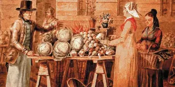  ??  ?? Ein aufgehäuft­er Verkaufsti­sch auf dem „Kräutel- und Gemüsemark­t“. Das Bild von 1815 dokumentie­rt ein äußerst reichhalti­ges Angebot.
