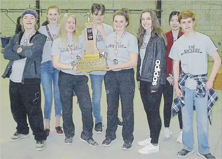  ?? SUBMITTED PHOTO ?? The Thomas A. Stewart Griffins won the Monsen’s Sporting Goods Trophy as the top team of eight at the Peterborou­gh area high school archery championsh­ips Wednesday at the Morrow Building. From left, Marly Greaves, Jordan DeGroot, Paige Allen, Jack...