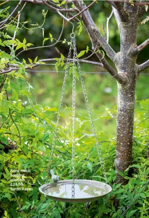  ?? ?? Aged metal hanging birdbath, £21.95, Sarah Raven