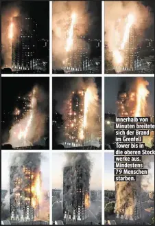  ??  ?? Innerhalb von Minuten breitete sich der Brand im Grenfell Tower bis in die oberen Stockwerke aus. Mindestens 79 Menschen starben.