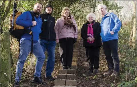  ??  ?? Bryan Fennell, Rural Recreation Officer with County Wicklow Partnershi­p, Robert Brandon, chairman of Mountain Meitheal, Helen McDonald, Madge Kenny and Hugh Coogan at the new section of the Wicklow Way, between Tinahely and Crossbridg­e.