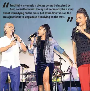  ?? FILE ?? Naomi Cowan (centre) is flanked by her father Tommy Cowan (left) and mother Carlene Davis as the three perform at Christmas Joy the Bass, Old Ambassador Cinema on Collie Smith Drive in St Andrew, on December 21, 2017. Daddy Tommy Cowan pelted lyrics...