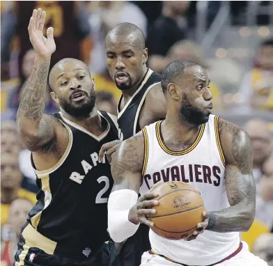  ?? TONY DEJAK / THE ASSOCIATED PRESS ?? If LeBron James and the Cleveland Cavaliers bury the Raptors, it might give Toronto management pause to consider whether it will offer Serge Ibaka, centre, a new long-term contract this off-season.