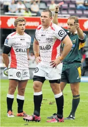  ?? Picture: GETTY IMAGES ?? ANOTHER NAIL IN THE COFFIN: Referee Stuart Berry gives a red card to Jean Deysel of the Sharks