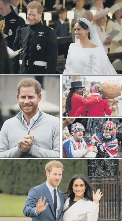  ?? PICTURES: PA WIRE/GETTY IMAGES ?? OVERJOYED: Clockwise from top, the birth of the Duke and Duchess’ baby son comes less than a year after their wedding at St George’s Chapel in Windsor Castle; the arrival was greeted by Royal watchers with celebratio­ns; Harry and Meghan announced their engagement in November 2017; the Duke said the birth was ‘the most amazing experience I could ever have possibly imagined’.