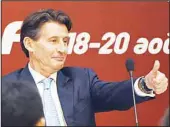  ??  ?? Newly elected Internatio­nal Associatio­n of Athletics Federation­s (IAAF) president Sebastian Coe gives the thumbs-up sign at a press conference after his election at the IAAF Congress in Beijing on Aug 19. Britain’s Sebastian Coe beat Sergey Bubka in a...
