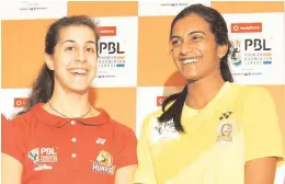  ?? — R. PAVAN ?? Sindhu and Marin in all smiles sharing the moments of joy in the trophy unveiling event on Friday at Hotel Trident, Hyderabad.