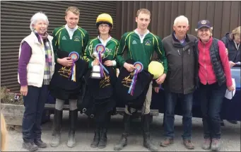  ??  ?? Barbara Micks (Chairperso­n, Irish Pony Club), All-Ireland winning teammember­sWalter Ronan, Andrea Dempsey and Frank Ronan, Larry O’Keeffe (D.C., Killinick Pony Club) and Marina Brennan (Irish Pony Club).