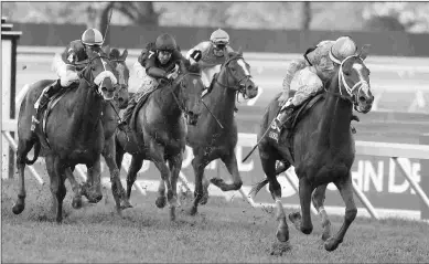  ?? GARY I. ROTHSTEIN/EQUI-PHOTOS ?? English Channel dominates the 2007 Breeders’ Cup Turf on a soggy course at Monmouth Park.