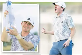  ?? AP (2) ?? NO KIDDING! Nick Dunlap celebrates winning The American Express with a 2-under 70 to finish 29-under, becoming the first amateur to win on the PGA Tour in 33 years.