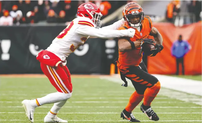  ?? DYLAN BUELL / GETTY IMAGES ?? Bengals receiver Ja’marr Chase caught 11 passes for an NFL rookie record of 266 yards and scored three TDS when Cincinnati hosted the Chiefs four weeks ago.