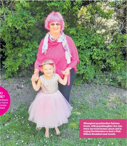  ??  ?? Whanga¯ rei grandmothe­r Barbara Green, with granddaugh­ter Zoe, has twice survived breast cancer and is urging Northlande­rs to host a Pink Ribbon Breakfast next month.