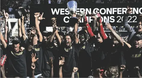  ?? AP PHOTO/JOHN MCCOY ?? Los Angeles FC celebrates after a win over Austin FC in the MLS playoff Western Conference final soccer match in 2022, in Los Angeles.