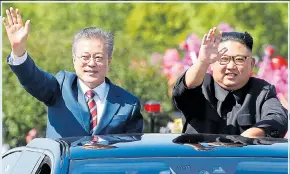  ??  ?? President Moon Jae-in and Kim Jong-un, greeted in Pyongyang yesterday