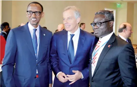  ??  ?? From left: President of Rwanda, Paul Kagame; former Prime Minister of United Kingdom, Tony Blair and; Group Managing Director/CEO, United Bank for Africa (UBA) Plc, Phillips Oduoza, at the Milken Institute Global Conference in Los Angeles, California...