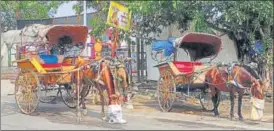  ?? RAMESHWAR GAUR/HT PHOTOS ?? Horse-drawn carriages wait for passengers outside the railway station in Haridwar.