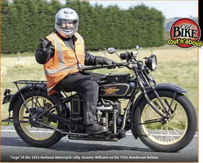  ?? ?? “Logo”of the 2023 National Motorcycle rally, Graeme Williams on his 1925 Henderson Deluxe.
Welcome to Old Bike Australasi­a Out’n’about – a forum of people, places, history and happenings.