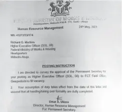  ?? ?? A letter by the ministry stating Martins has been posted to Gwagwalada office, a move he said was to punish him