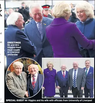 ??  ?? GREETINGS Mr and Mrs Higgins meet royal couple in Liverpool yesterday SPECIAL GUEST Mr Higgins and his wife with officials from University of Liverpool