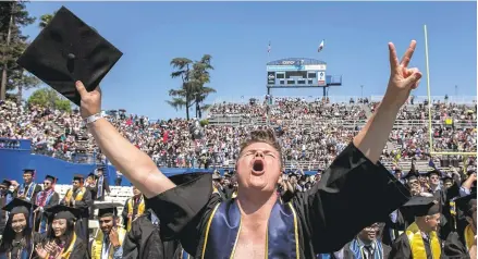  ?? LIPO CHING/STAFF PHOTOS ?? Graduating with a B.S. in business marketing, Kalen Rosselli cheers at the commenceme­nt ceremony in CEFCU Stadium at SJSU on Saturday.
