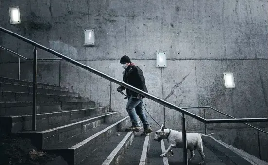  ?? DARRIAN TRAYNOR / GETTY ?? Un hombre sale del confinamie­nto para pasear de noche a su perro, ayer en Melbourne (Australia)