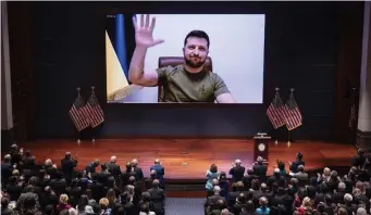  ?? Ap File ?? CALL FOR HELP: Ukrainian President Volodymyr Zelenskyy delivers a virtual address to Congress by video last month.