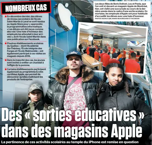  ?? PHOTOS AGENCE QMI, MARIO BEAUREGARD ET FACEBOOK ?? Les deux filles de Boris Dolivet, Lou et Paola, que l’on voit ici devant un magasin Apple de Montréal, hier, ont visité une succursale au cours de la dernière année dans le cadre d’une sortie scolaire. En mortaise, les employés d’apple ont pour habitude d’accueillir les élèves avec une haie d’honneur.