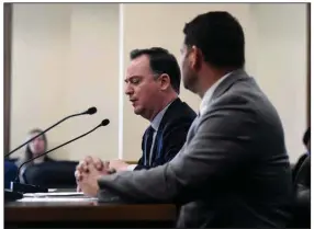  ?? (Arkansas Democrat-Gazette/Stephen Swofford) ?? John Burris (left) and Sen. Bart Hester, R-Cave Springs, present Senate Bill 377, which would regulate paid petition blockers, during a meeting of the Senate Committee on Judiciary at the state Capitol in Little Rock on Wednesday.