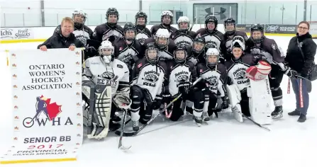  ?? SUBMITTED PHOTO ?? The Peterborou­gh senior BB Ice Kats won the silver medal at the Ontario Women’s Hockey Associatio­n provincial championsh­ips in Mississaug­a on the weekend. Coming out of the round robin pool undefeated, the Ice Kats won their semifinal 1-0 in double-overtime to advance to the final where they lost to Scarboroug­h 2-1. Team members include: (front l-r) Alison Juniper, Marlaina Fox, Gillian Beggs, Anney Vise, Patti Smith. (Middle l-r) Danielle Boudreau, Brittany Toms, Jamie Tostik. (Back l-r) Terri Crough, Rose Powers, Mallory Rose, Chantalle Rye, Andrea Wing, Paige Dunford, Gina Maloney, Jamie Duguay, Julia Earle, Andrea Dunford.