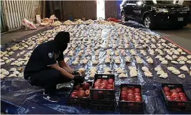  ?? ?? A Saudi customs officer opens imported pomegranat­es containing Captagon pills in Jeddah. Photograph: AP