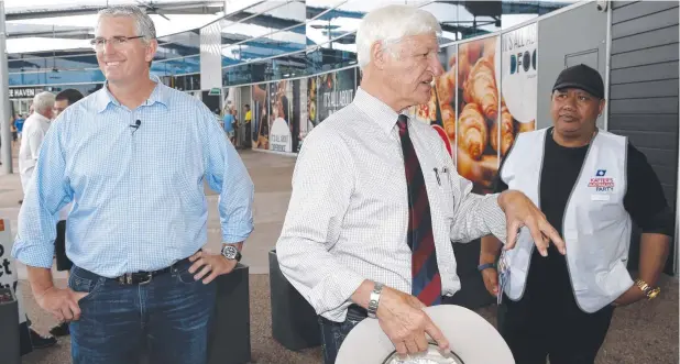  ??  ?? UPBEAT: Katter's Australia Party candidate for Leichhardt Daniel McCarthy with Member for Kennedy Bob Katter at the polling booth at DFO in Cairns. Picture: ANNA ROGERS