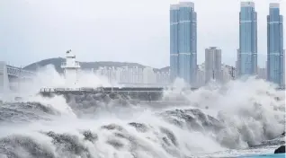  ?? PHOTO: REUTERS ?? Seething sea . . . High waves caused by Typhoon Haishen crash into a sea wall in Busan, South Korea, yesterday.