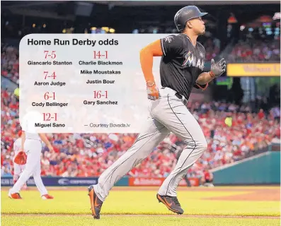  ?? CHRIS LEE/ST. LOUIS POST-DISPATCH VIA AP ?? Miami Marlins slugger Giancarlo Stanton, who has 26 homers this year, put on a show in last year’s Home Run Derby, but will have plenty of competitio­n today in the single-eliminatio­n format instituted two years ago.