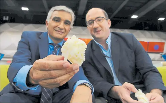  ?? DIEGO WALDMANN ?? A escala real. Pablo Delucis e Ignacio Berra, cirujanos del Garrahan, muestran cómo es uno de los corazones impresos en 3D.