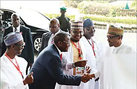  ??  ?? President Muhammadu Buhari (right); Chairman, National Informatio­n Technology Developmen­t Agency (NITDA), Prof. Adeolu Akande; Director-general, Dr. Isa Patami; Executive Vice Chairman (EVC), Nigerian Communicat­ions Commission (NCC), Prof. Umar Garba Danbatta, and Keynote Speaker, Mallam Nuhu Ribadu (left), during Buhari’s arrival for the enigeria 2018 Conference in Abuja …yesterday.