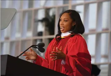  ?? PHOTOS BY BRITTANY MURRAY — STAFF PHOTOGRAPH­ER ?? Allyson Felix, an Olympic track and field star and a USC alumna, returned to deliver the commenceme­nt address for her alma mater Friday at the Alumni Memorial Park on the Los Angeles campus. “Remember: Your voice has power,” she said.