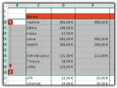  ??  ?? 1 Avaa taulukko Excelissä. Napsauta vasemmalla ensimmäise­n piilotetta­van rivin numeroa ja vedä hiirellä alas viimeisen piilotetta­van rivin kohdalle 2.