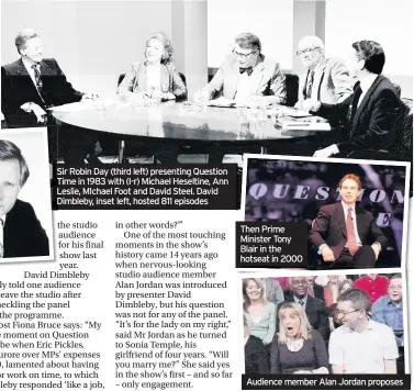  ??  ?? Sir Robin Day (third left) presenting Question Time in 1983 with (l-r) Michael Heseltine, Ann Leslie, MIchael Foot and David Steel. David Dimbleby, D inset left, hosted 811 episodes
Then Prime Minister Tony Blair in the hotseat in 2000
Audience member Alan Jordan proposes