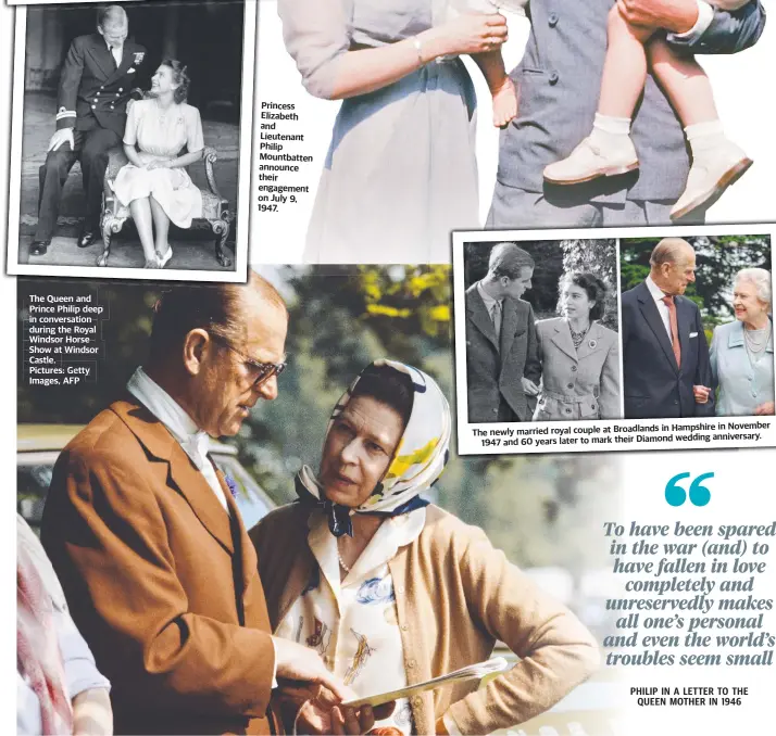  ?? Pictures: Getty Images, AFP ?? The Queen and Prince Philip deep in conversati­on during the Royal Windsor Horse Show at Windsor Castle.
Princess Elizabeth and Lieutenant Philip Mountbatte­n announce their engagement on July 9, 1947.